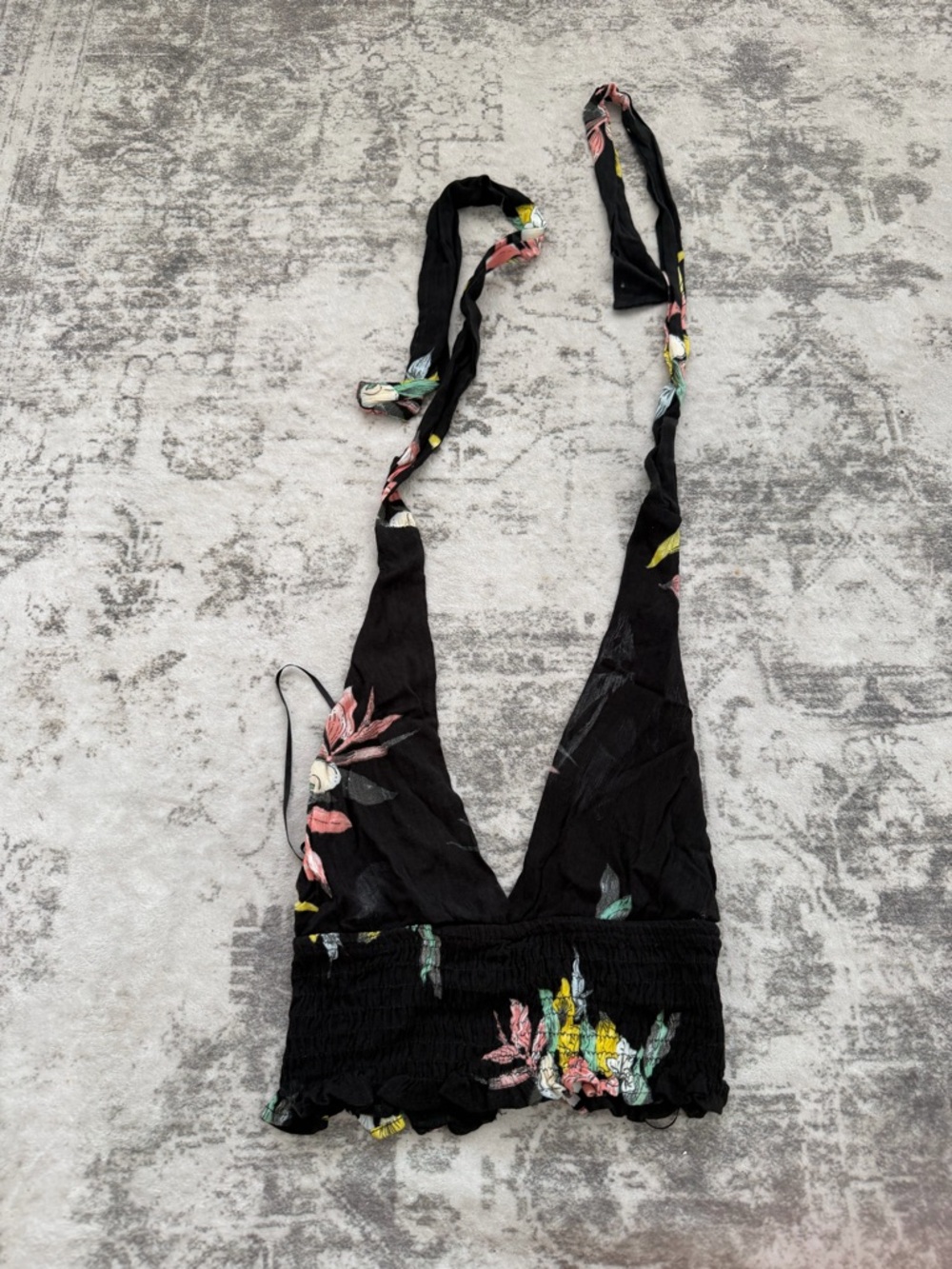 Pull & Bear Black Floral V-Neck Halter Crop Top - Size S